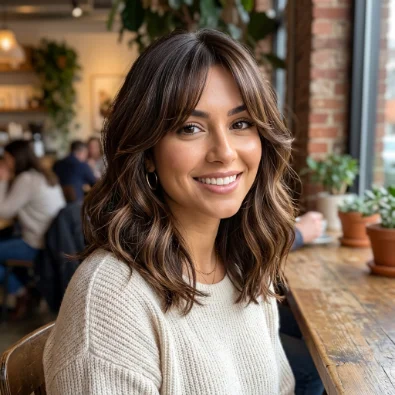 Brunette Lob with Curtain Bangs