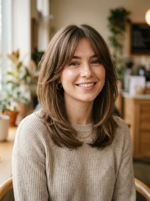 Collarbone-Length Layers with Soft Curtain Bangs
