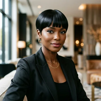 Jet Black Glossy Pixie With Blunt Bangs