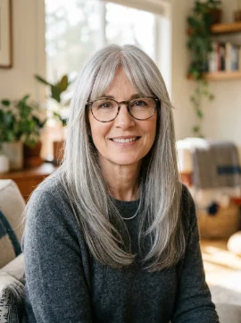 Long Gray Hair with Curtain Bangs