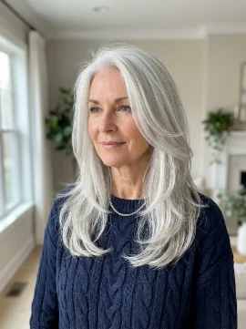 Long White-Gray Hair with Blended Layers