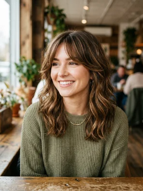 Medium Layers with Cheekbone-Length Curtain Bangs