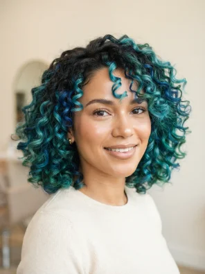 Blue-Green Curly Bob