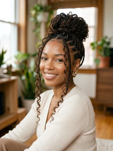 Boho Knotless Braids With a Top Bun