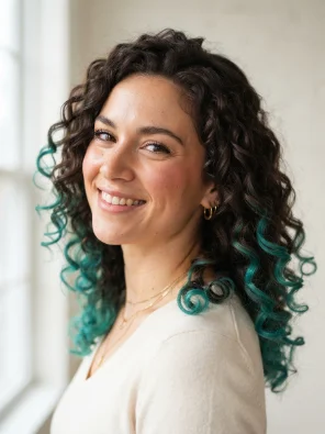 Brown Curly Hair With Teal Tips