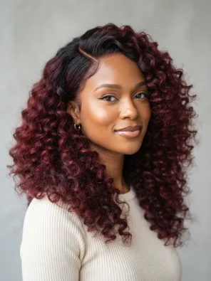 Burgundy Curly Wig With a Side Part