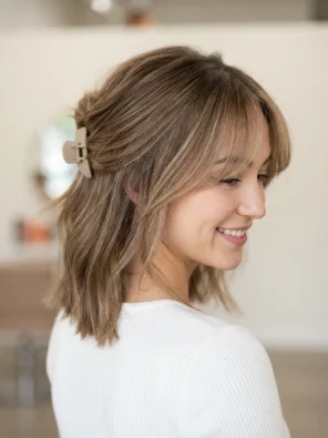 Claw Clip Hairstyle With Curtain Bang