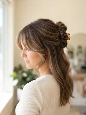 Claw Clip Hairstyle With Curtain Bangs