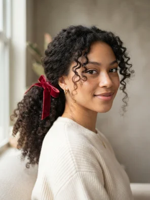 Curly Ponytail With a Velvet Ribbon