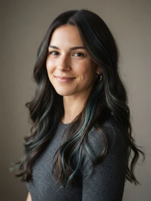 Dark Brown Hair With Smoky Teal Ribbons