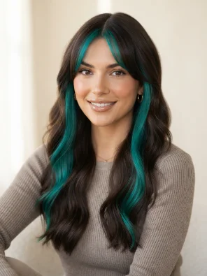 Espresso Brown Hair With Teal Money Pieces