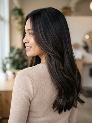 Glossy Black Hair With Warm Brown Highlights