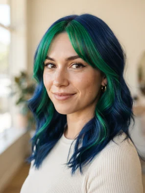 Green Money Piece on Blue Hair