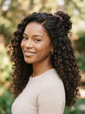 Half-Up Curly Wig With a Visible Side Part