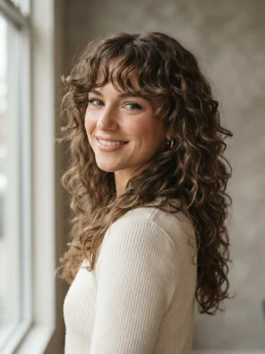 Long Curly Shag With Curtain Bangs