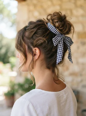 Messy Bun With a Printed Ribbon