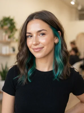 Mocha Brown Hair With Teal Peekaboo Highlights