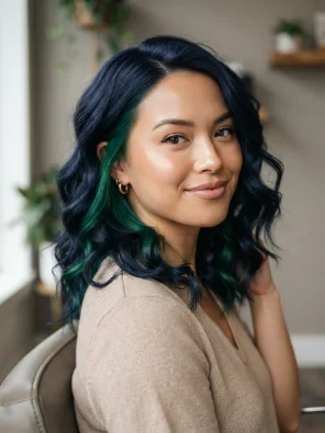 Navy Hair With Emerald Peekaboo Color