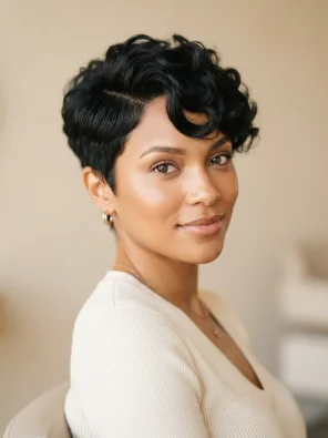 Short Black Pixie Wig With Side-Swept Curls