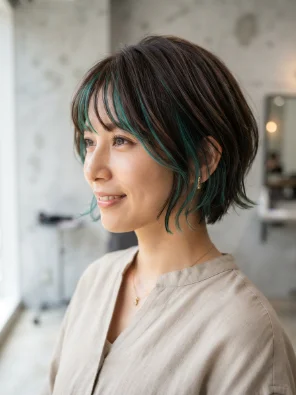 Short Brown Bob With Teal Highlights