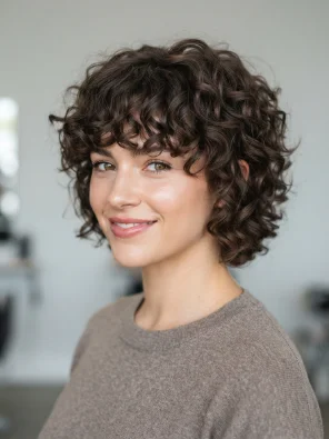 Short Curly Shag With Full Bangs
