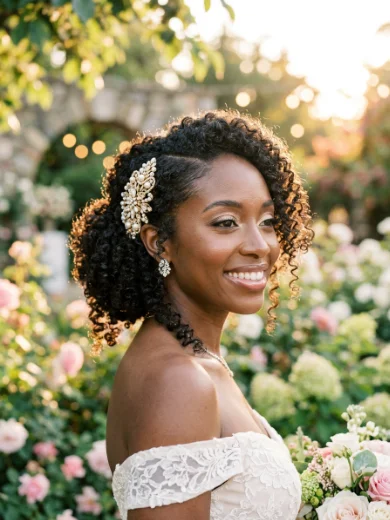 Side-Part Curly Updo With a Statement Clip