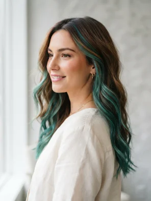 Teal Balayage on Chestnut Brown Hair