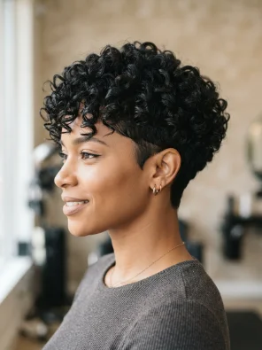 Thick Curly Pixie Cut With Controlled Volume