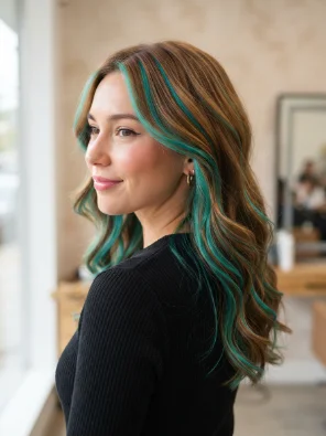 Warm Brown Hair With Bright Teal Highlights