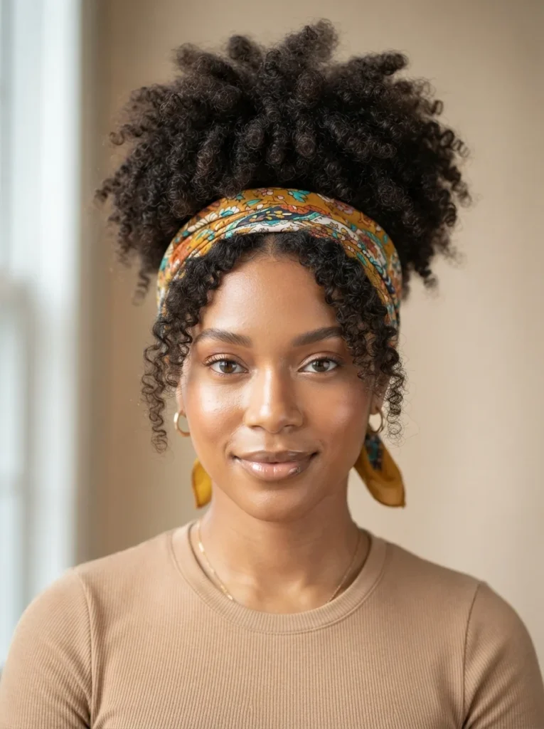 Curly Puff With a Bandana Wrap