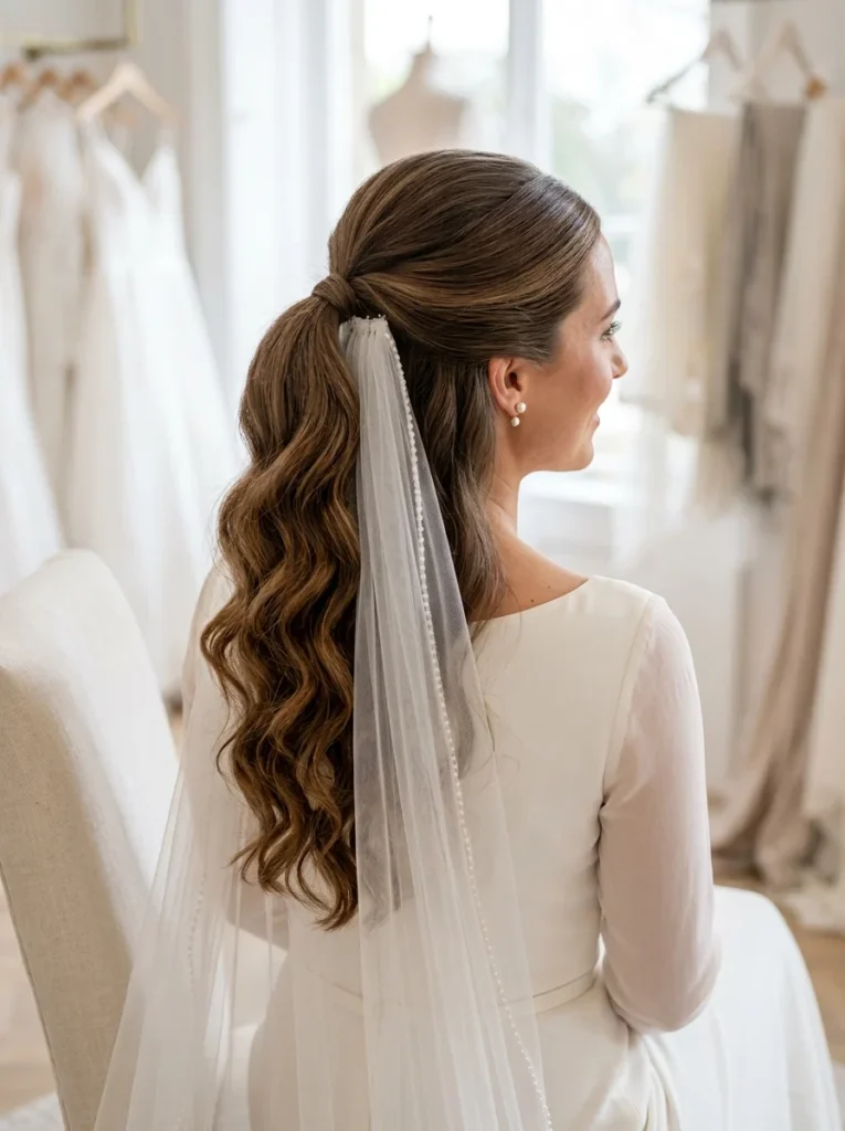 Smooth Half-Up Pony With a Veil