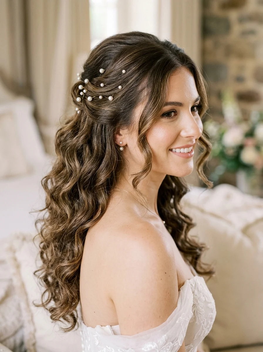 Half-Up Curls With Pearl Pins