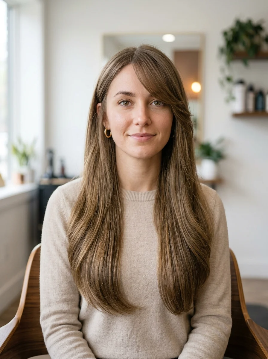 Long Hair With Side Bangs and Hidden Layers