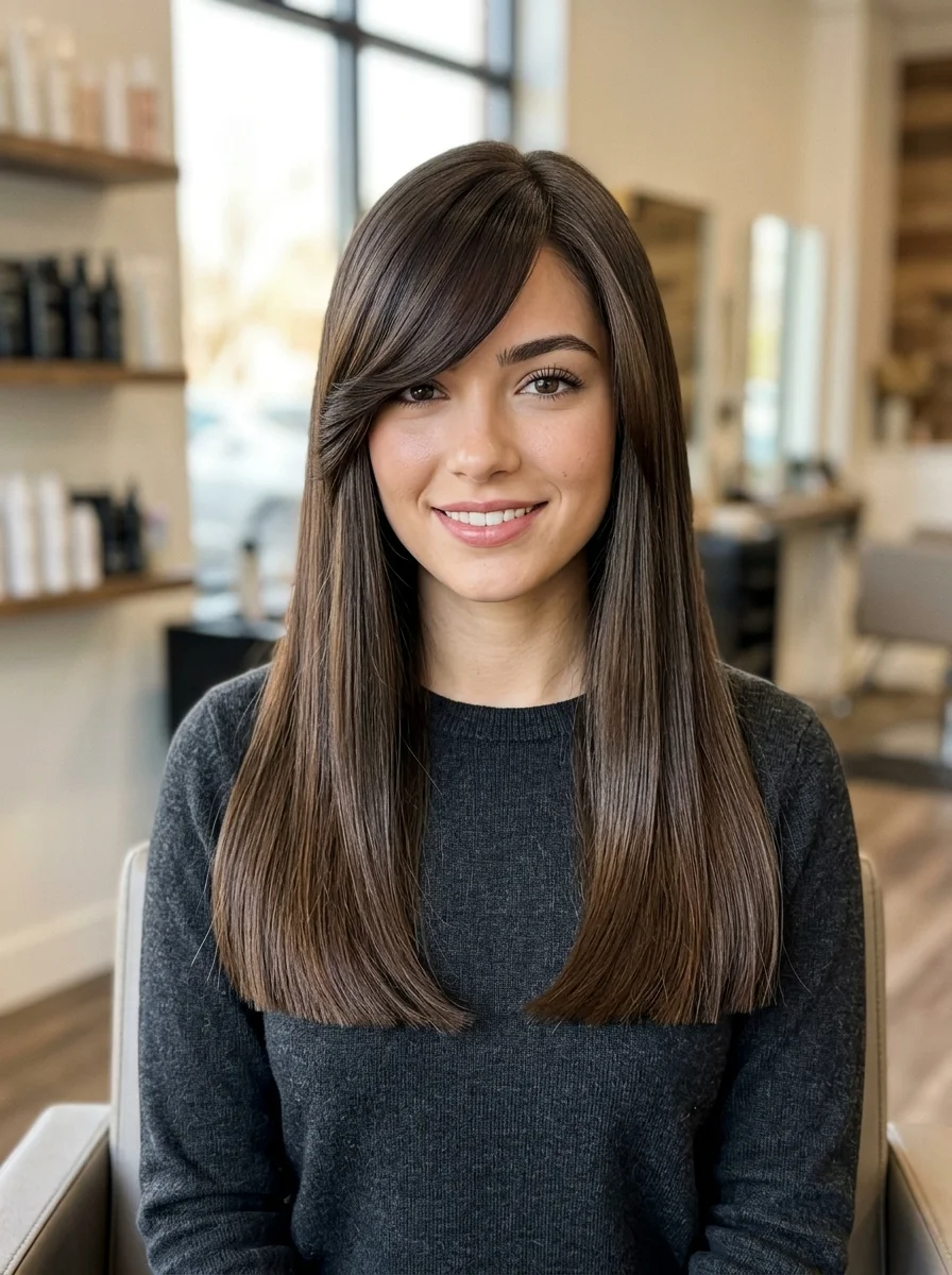Thick Side Bang With Blunt Long Hair